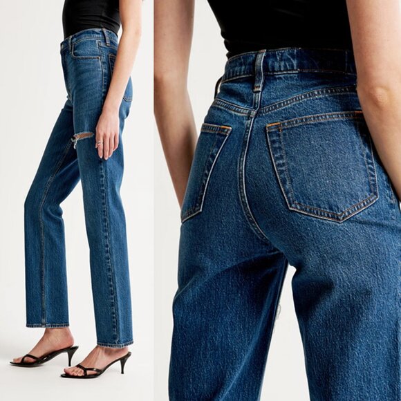 A&F Curve Love 90s Straight Ultra High Rise Dark Wash Ripped Jeans - Picture 2 of 13